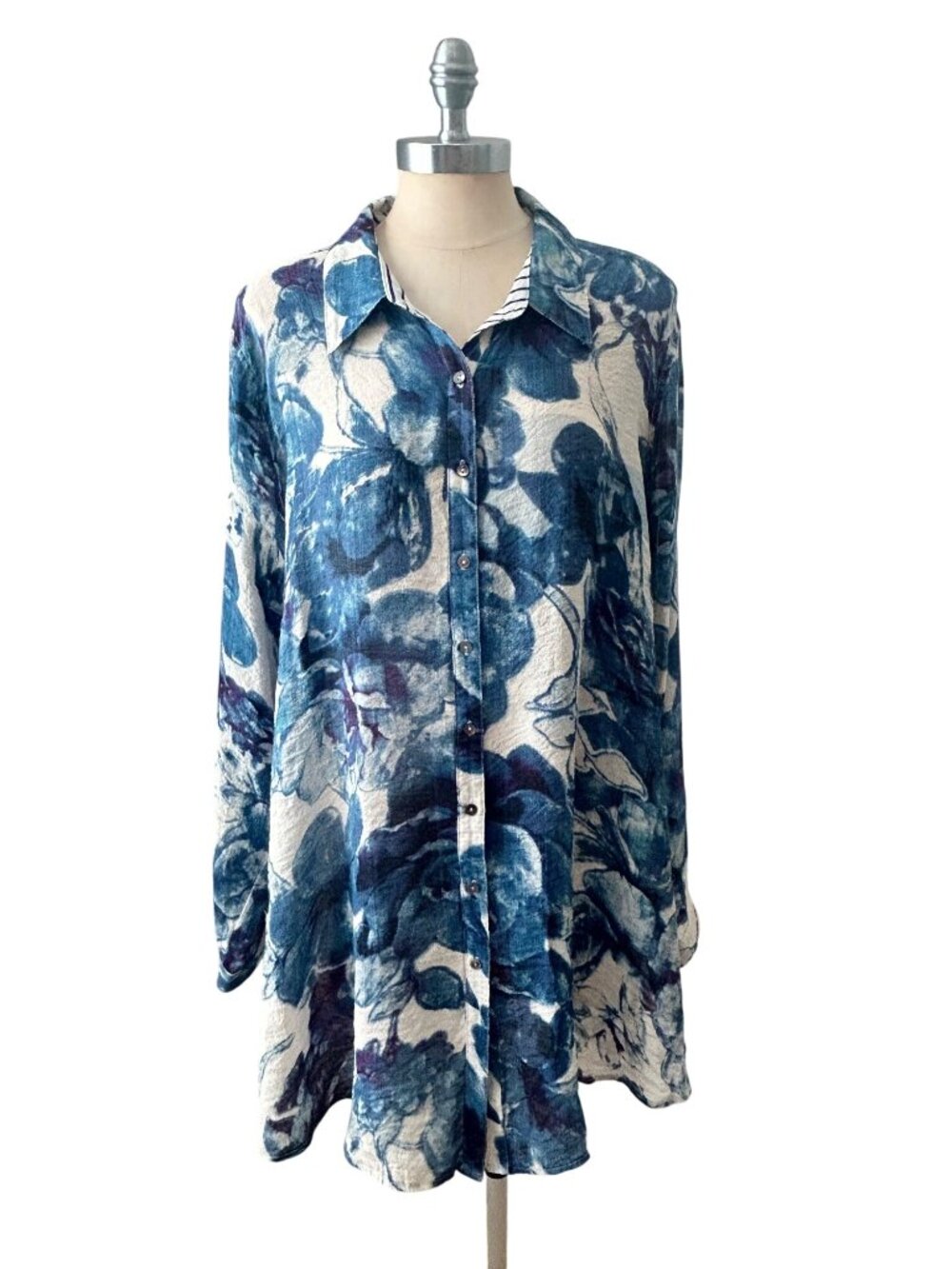 Soft Surroundings Blue Floral Button Front Tunic Shirt 2X Plus
